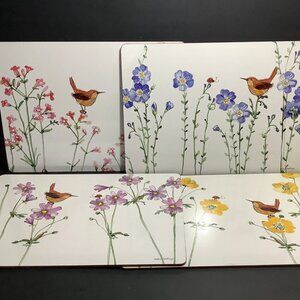 ROBBIN RAWLINGS Set 4 Placemats Flowers Birds Different Designs Board Cork 16x11